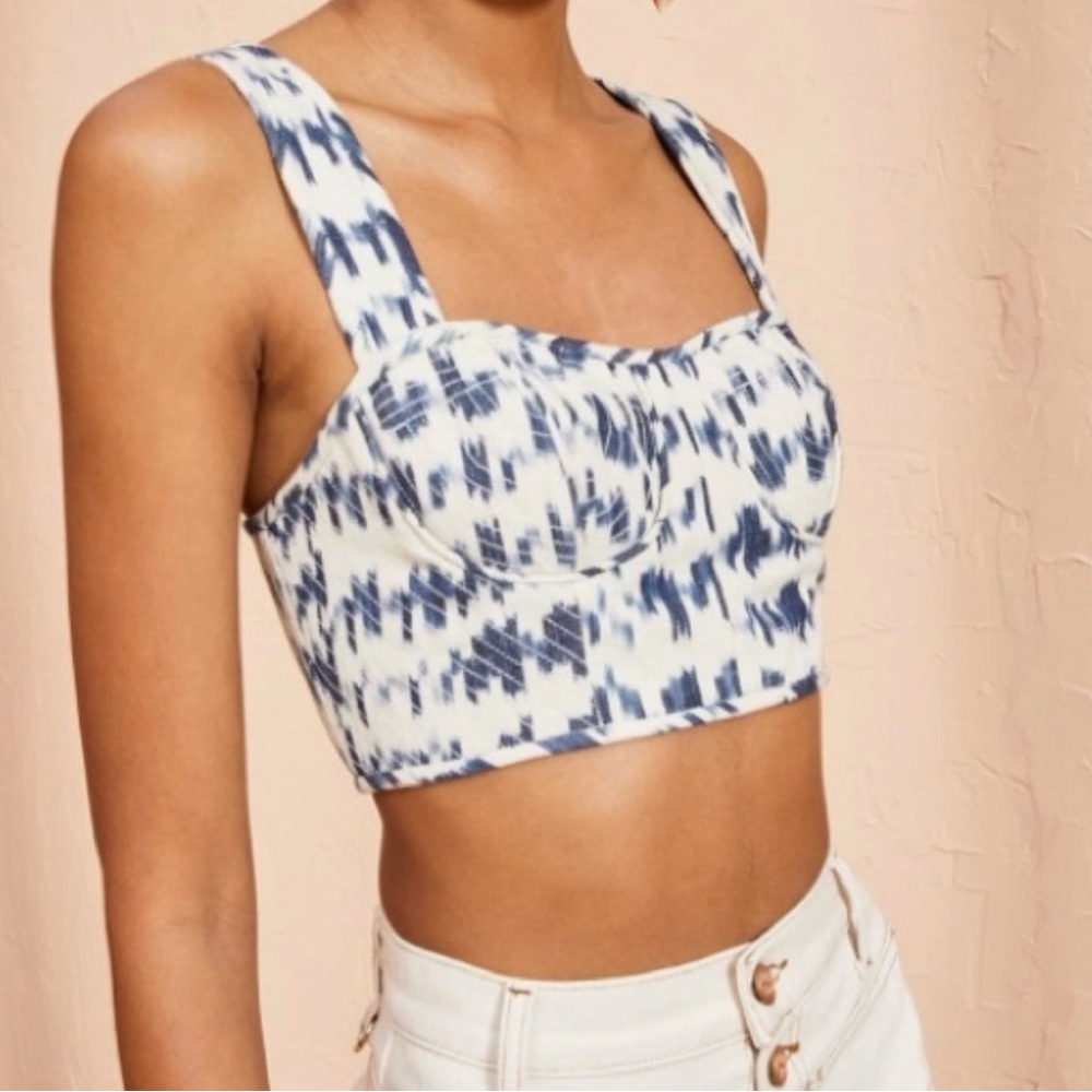 ULLA JOHNSON Casisia Indigo Printed Blue and White Cropped Tank Top Size 8
